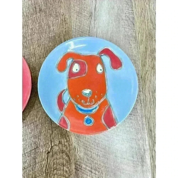 Lot Of 2 Dept 56 Dog Plate 7” Round Ceramic Dinner Lunch Or Pet Use Folk RARE - Picture 4 of 8